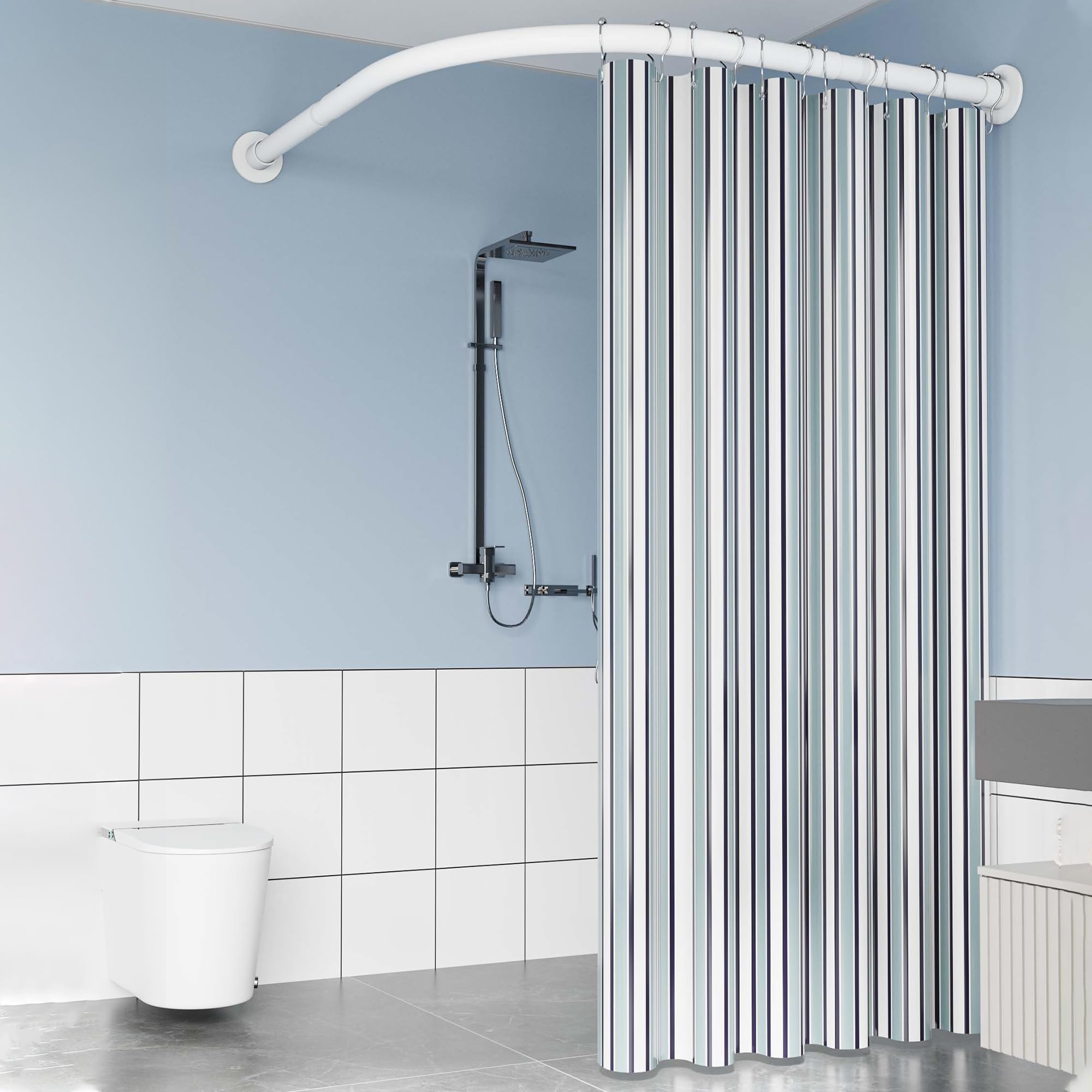 Asta per Tenda Doccia L Forma Regolabile, 90-130x90-130cm Bastone Tenda Doccia Angolare in Acciaio Inox, per Vasca da Bagno Bagno Spogliatoio Armadio, Forata/Senza Foratura, Bianco