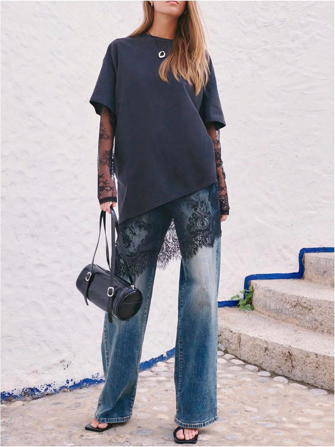 Verdusa Women's Oversized Tshirts Long Sleeve Lace Asymmetrical Tops Tshirt Dress Going Out