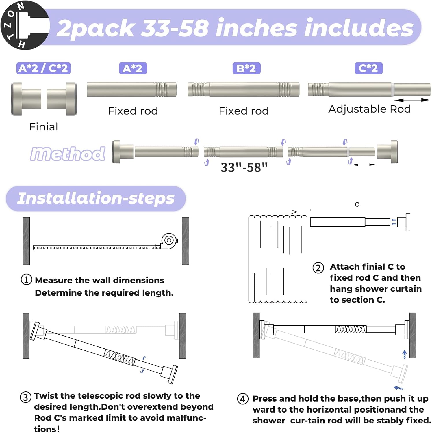 Shower Curtain Rod Spring Tension:2Pack Silver Shower Rods for Bathroom 33 to 58 Inch,1 Inch Modern Heavy Duty Adjustable Tension Shower Curtain Rod No Drilling No-Slip Easy Install,Matte Silver