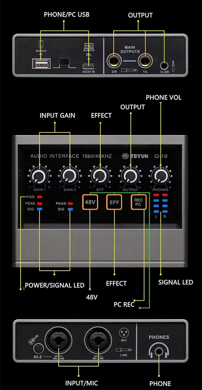 USB Sound Card, Professional Digital Mixing USB Computer External Sound Card External Guitar Mobile Phone Dedicated Live Sound Card,for Laptop Recording Production