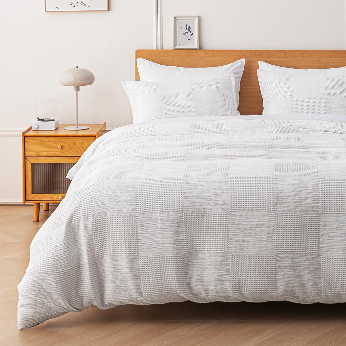 SLEEP ZONE Duvet Cover Set King, Luxury Jacquard Waffle Patchwork Soft and Breathable 3 Pcs Comfy Bedding Set Duvet Cover with Zipper Closure and 2 Pillow Shams, Ivory