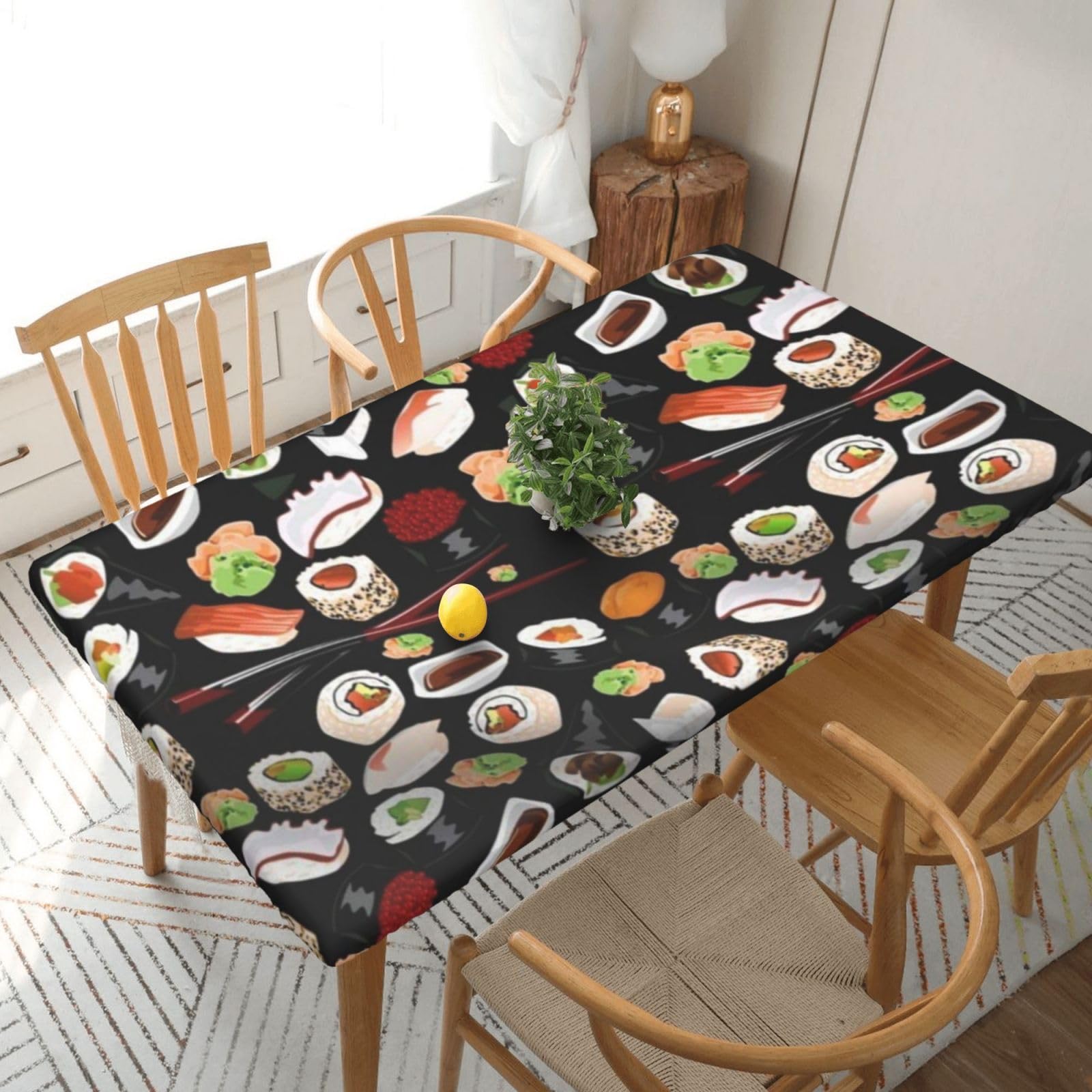 DCEHGEW Elastic Fitted Rectangle Tablecloth for 5ft Tables, Japanese Sushi Black Printed Oilproof & Washable Fabric Picnic Table Cloth Table Covers