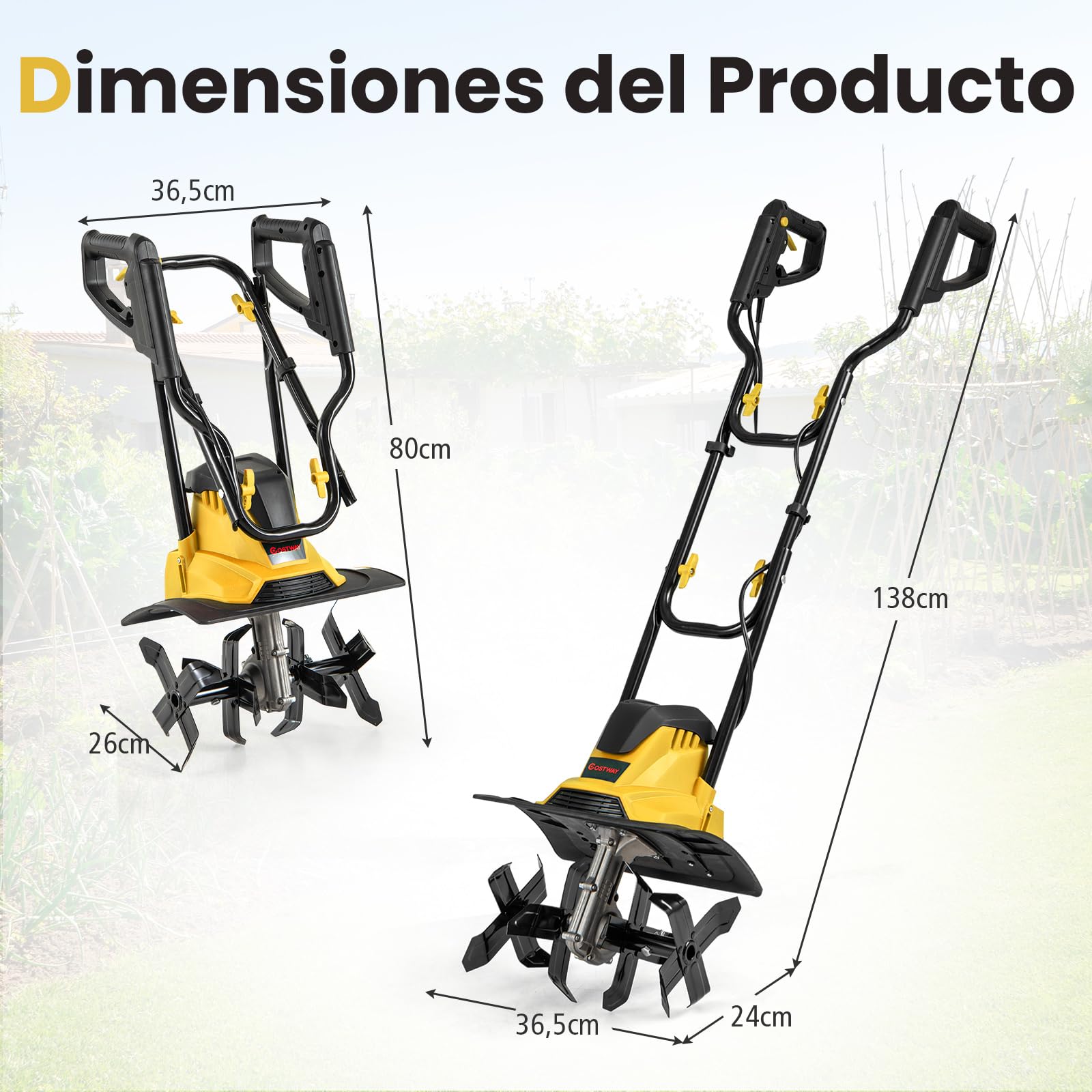 COSTWAY Motoazada Eléctrica, Rotocultivador Plegable Potente con Ancho de Labranza de 36cm y Profundidad de Trabajo de 22cm, Máquina de Jardinería para Excavar Suelo de Césped (Amarillo,1200W)