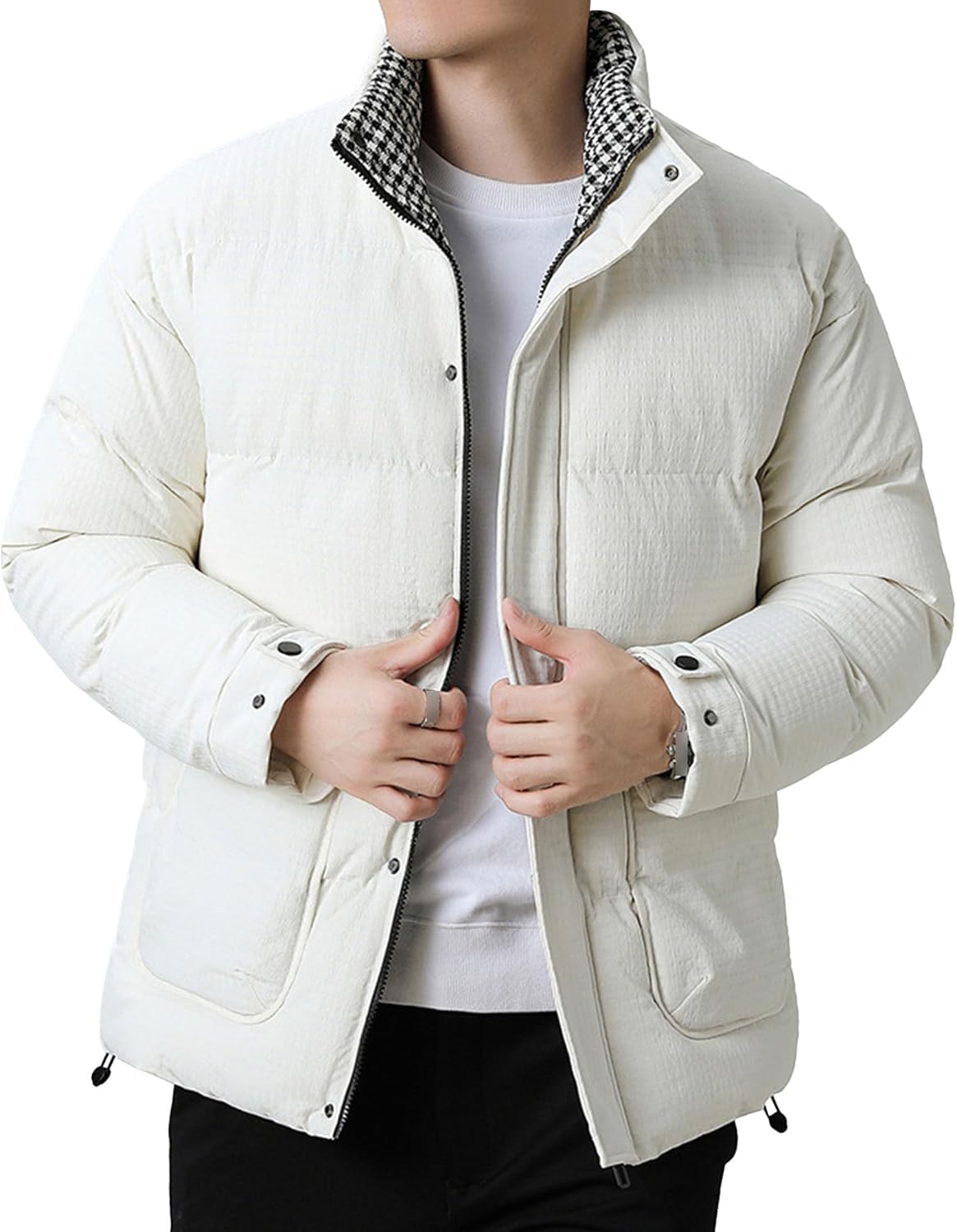 Men's Stand Collar Winter Jacket Quilted Thicken Padded Windproof Coat Full Zip Textured Warm Parka Outwear