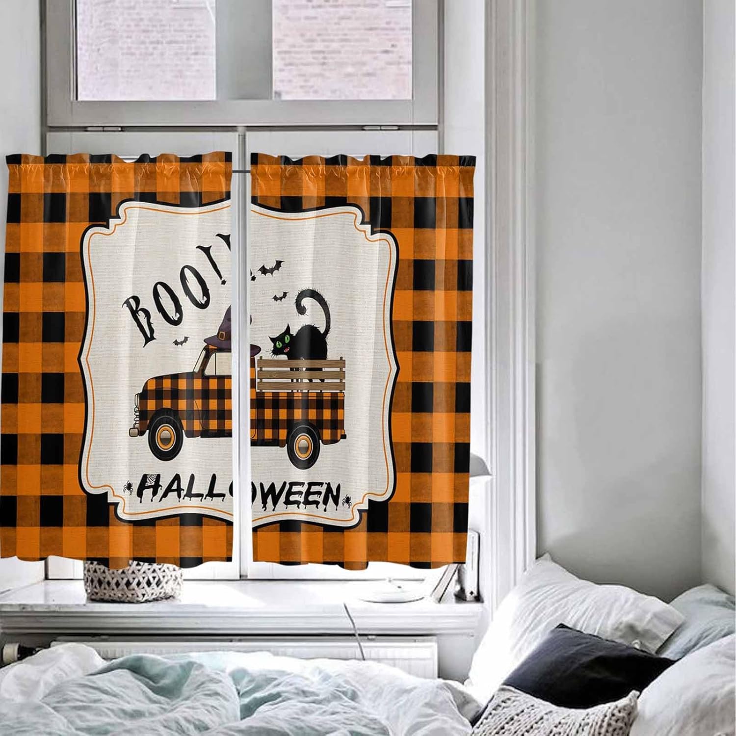 Halloween Kitchen Curtains, Spooky Horror Truck Black Cat Orange Plaid Light Filtering Window Curtain Panels, 2Pcs Rod Pocket Window Treatments Set for Cabin Bathroom Bedroom 52x45 Inches