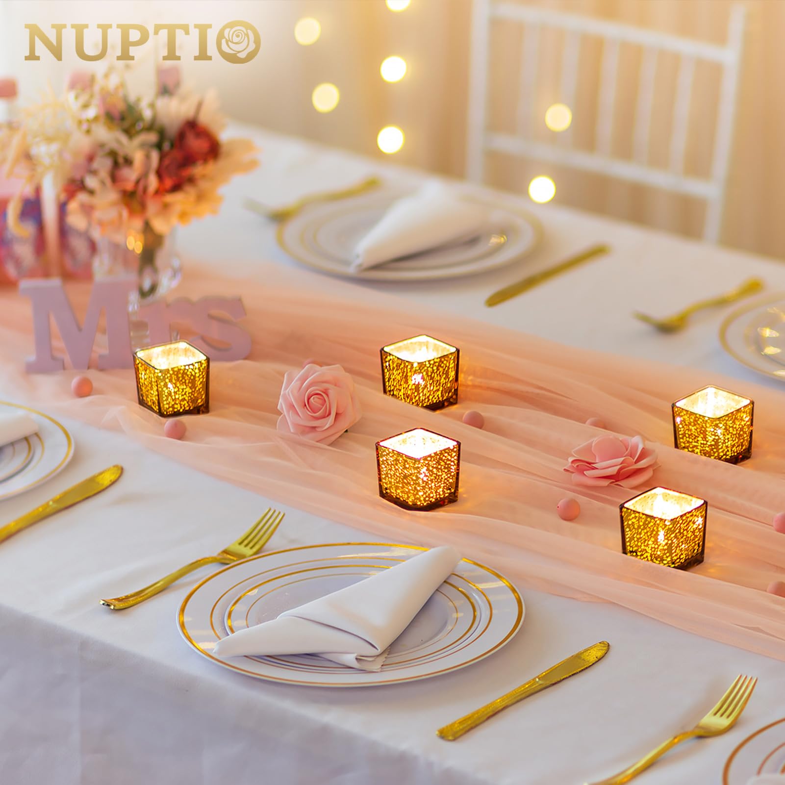 Nuptio Oro Portacandele In Vetro - Confezione 12 Portacandele Votive Tea Light Sfuso, Quadrato Speckled Mercurio Galleggiante Candele Soggiorno Natale Matrimonio Festa Candela razione Tavolo Cena