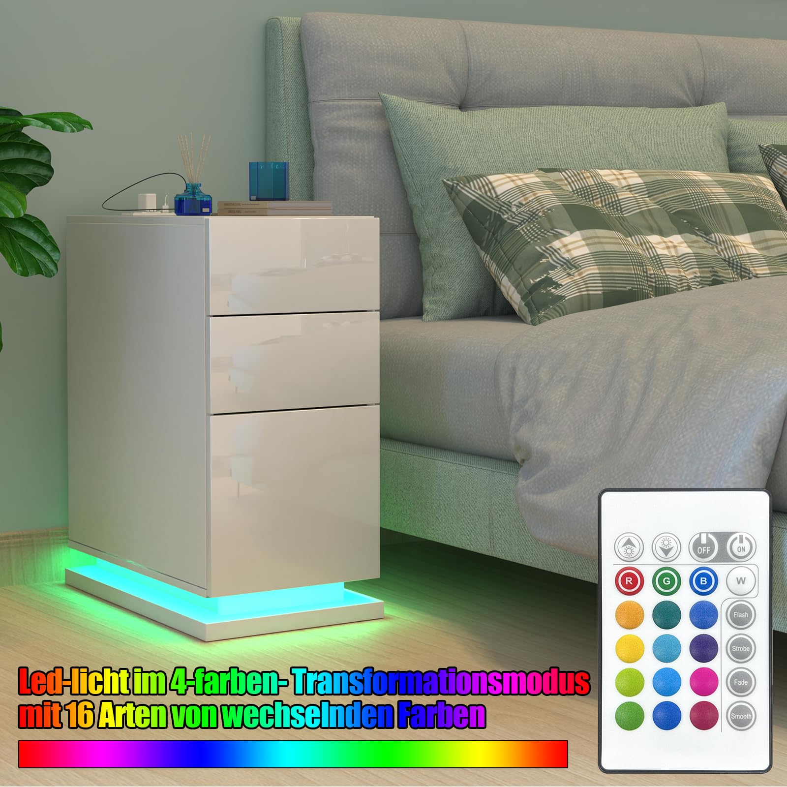 Comodino Moderno con Luci LED, Comodino Stretto con Stazione di Ricarica, Tavolino con 3 Cassetti, Libreria sul Retro, Cassetto Stretto Tavolino Divano