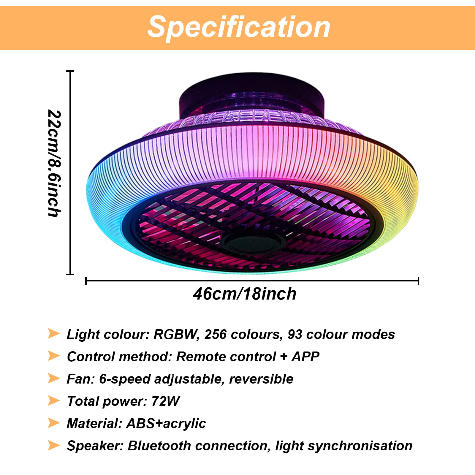 VOMI Ventilatore da Soffitto con Luce e Telecomamdo RGB Dimmerabile Lampadario Ventilatore da Soffitto Reversibile Silenzioso con Altoparlante Bluetooth Lampada con Ventilatore da Soffitto 6 Velocità