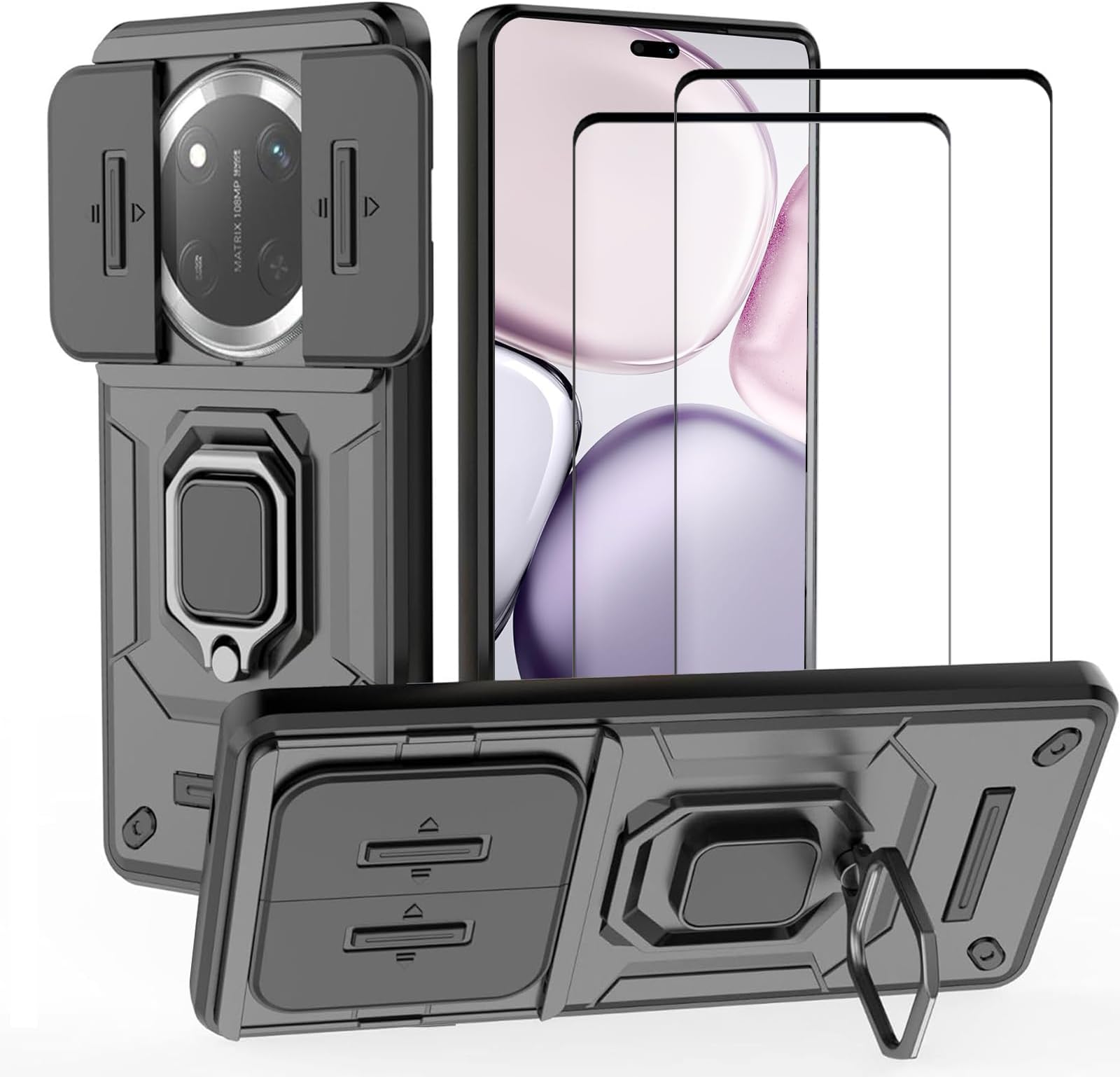 Lukione [1+2pcs] Compatible with Honor X9c 5G Case & Tempered Glass Screen Protector, Ring Kickstand and Sliding Camera Cover with Kickstand,Drop Proof,Heavy Duty Protective (Black)