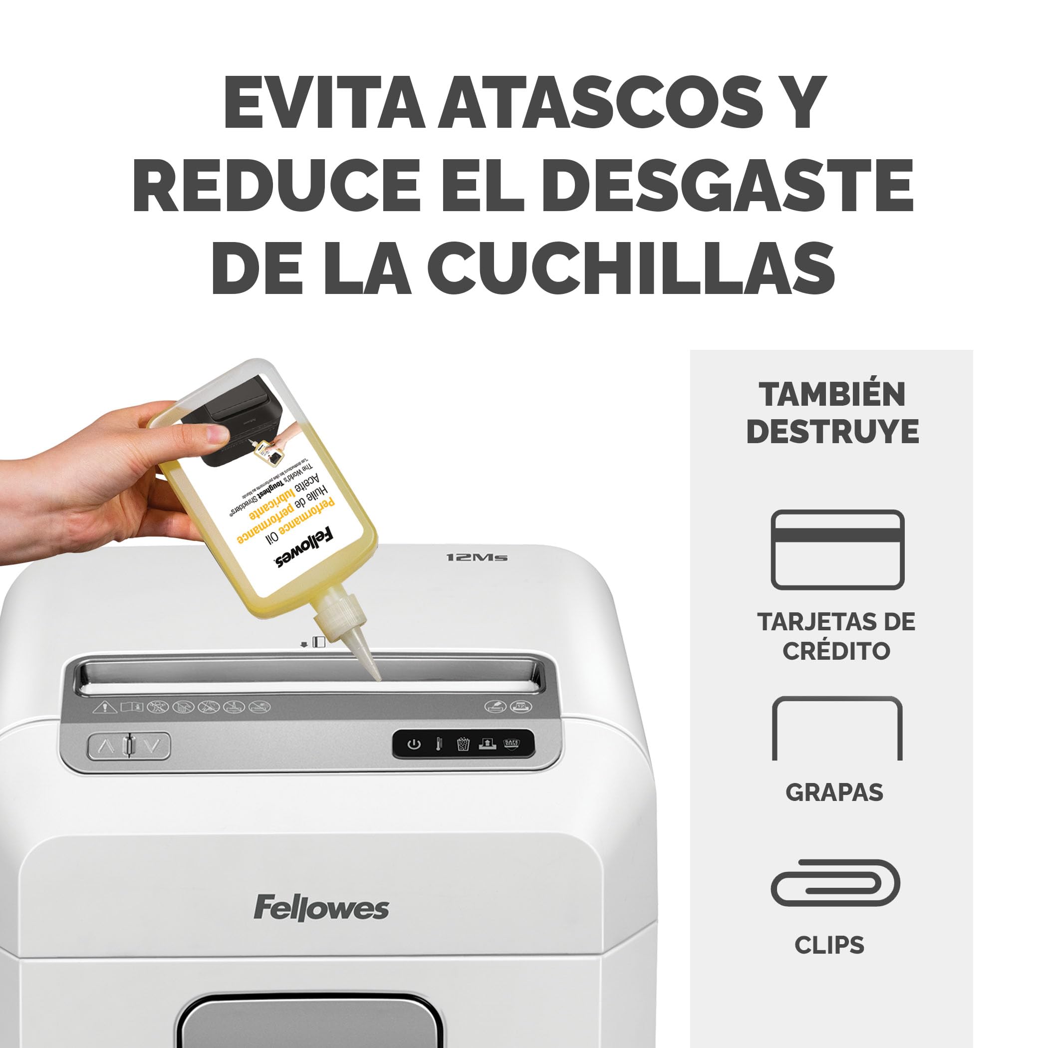 Fellowes Powershred 12MS - Destructora de Papel, destruye hasta 12 Hojas, minicorte, para pequeñas Empresas y oficinas domésticas + Fellowes Aceite lubricante para destructoras de papel, 355 ml