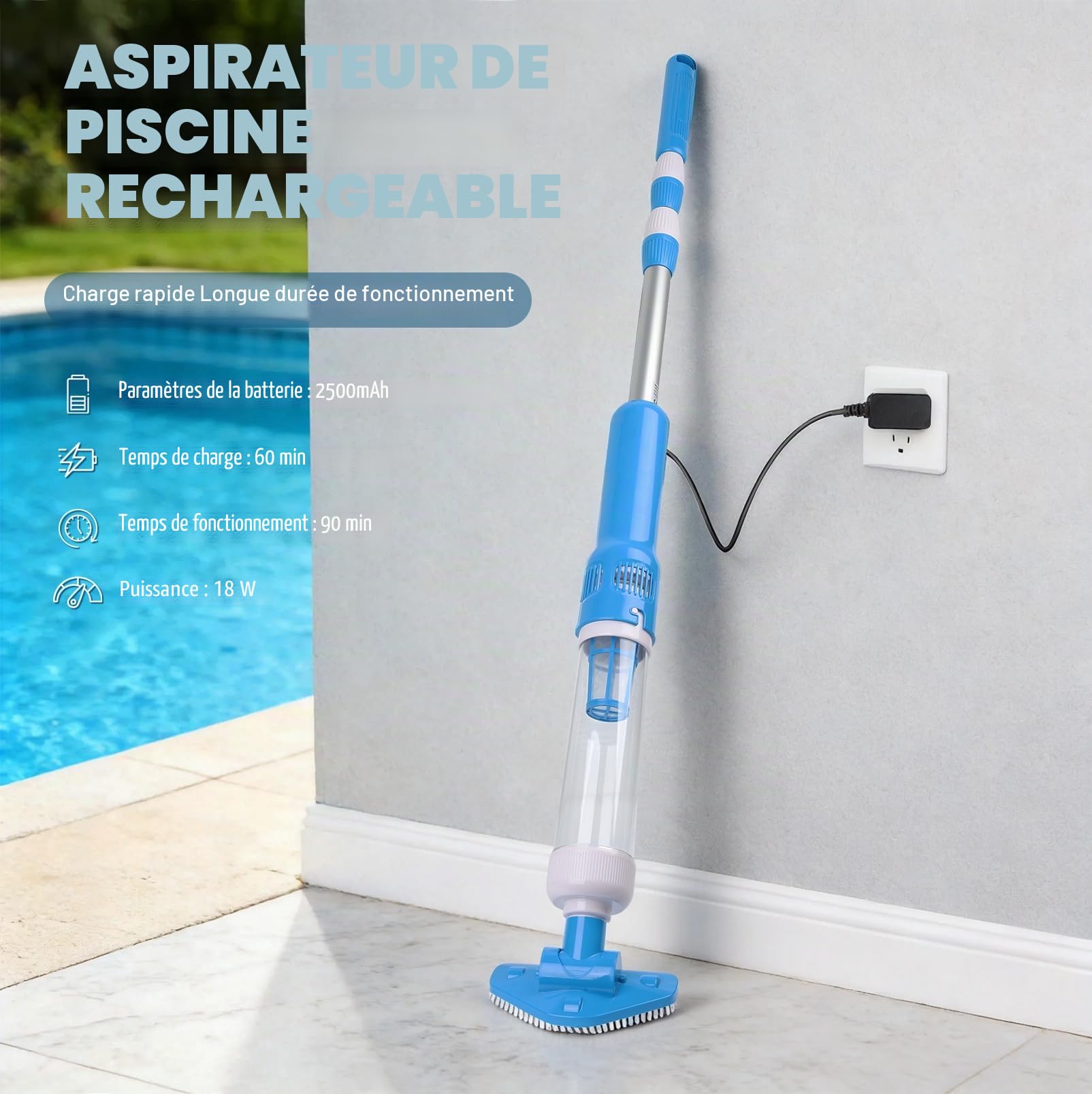 Aspirateur de piscine sans fil avec batterie, nouveau 3 en 1 Aspirateur de piscine sans fil Aspirateur manuel | Barre télescopique, autonomie jusqu'à 90 min, nettoyeur de piscine rechargeable avec filtre pour jacuzzi hors sol