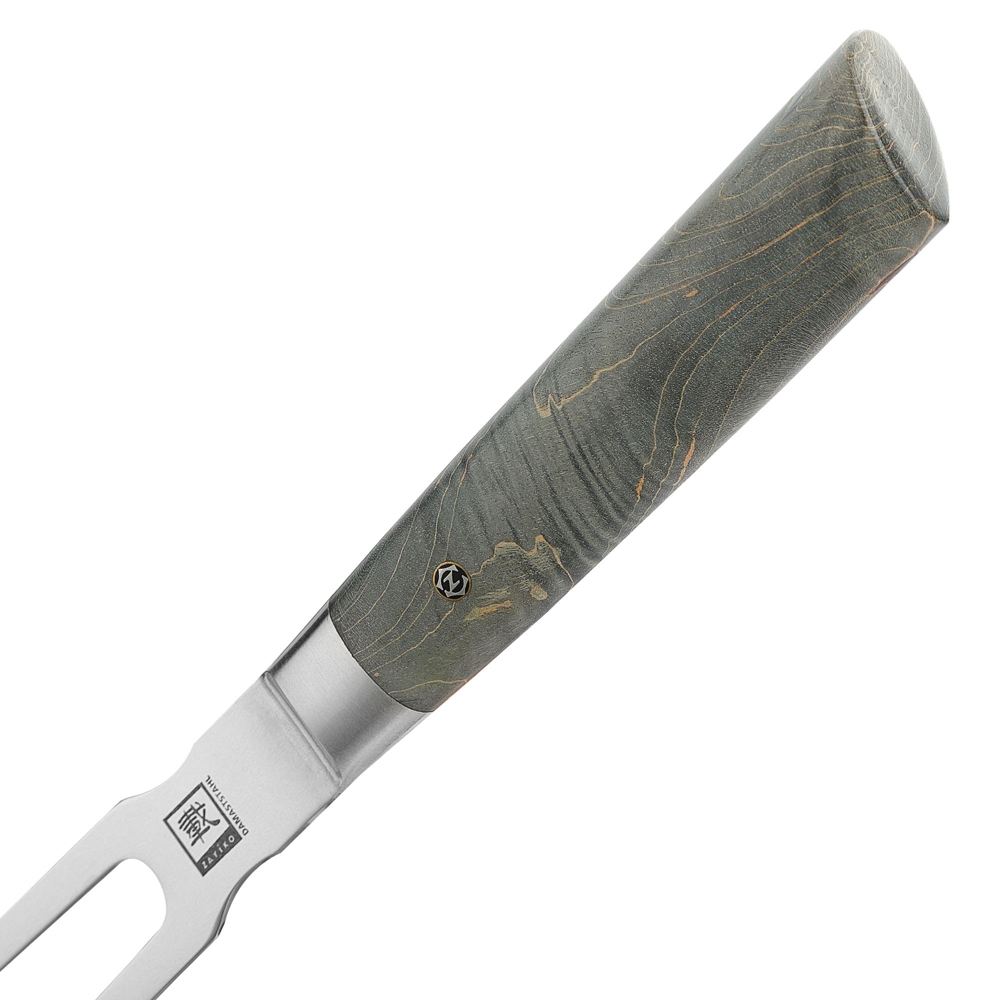 Zayiko Professional Series Damast Tranchiergabel 31 cm mit Ahornholzgriff | Fleisch- und Grillgabel mit 2 langen Zinken; 67 Lagen Damaststahl mit VG-10-Kern, für Braten und Grillgut, inklusive Holzbox.