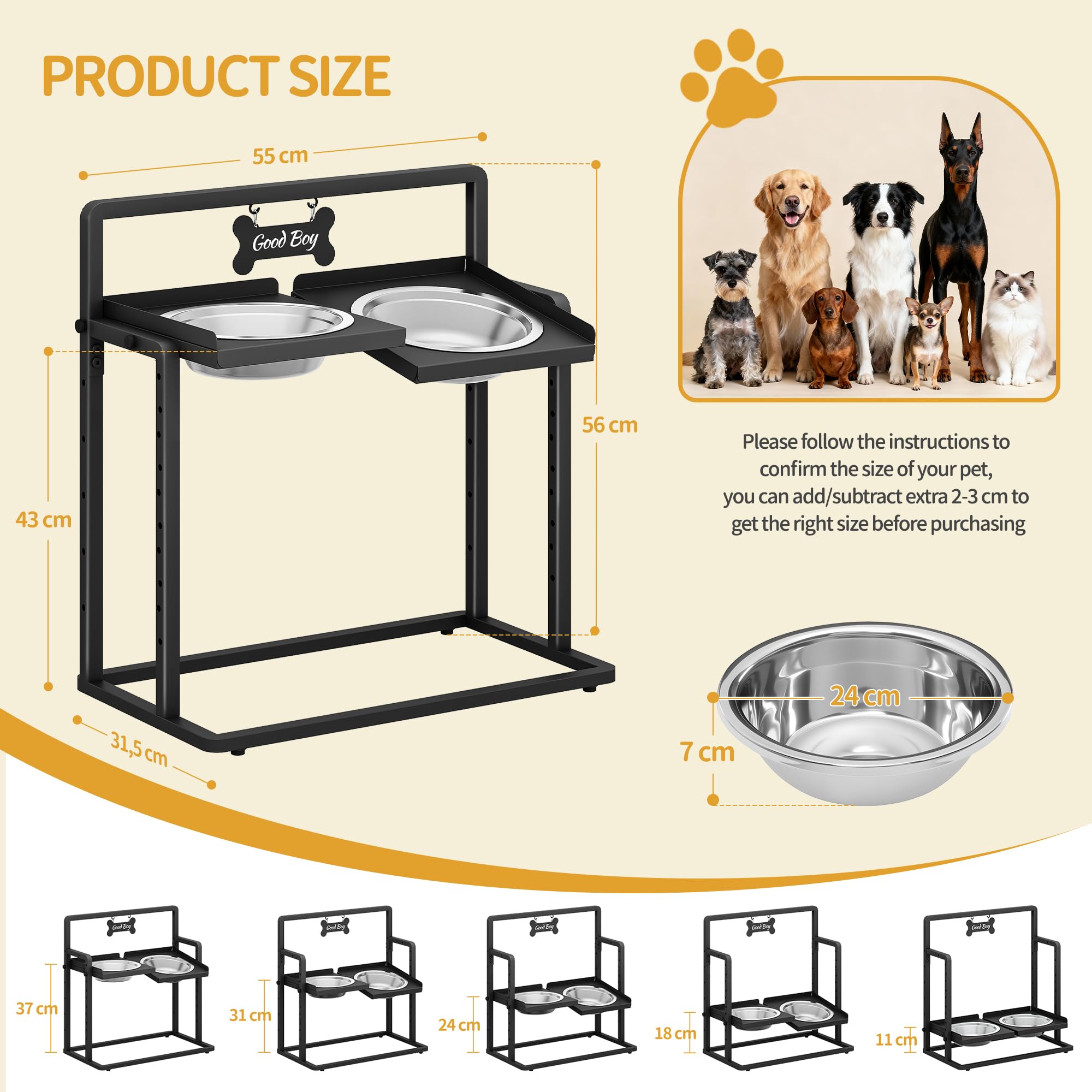 Hzuaneri Cuencos elevados para Perros, 6 tazones de Altura Ajustable con 2 Cuencos de Acero Inoxidable de 2000 ml, Comedero para Perros Grandes, Negro PB89099B