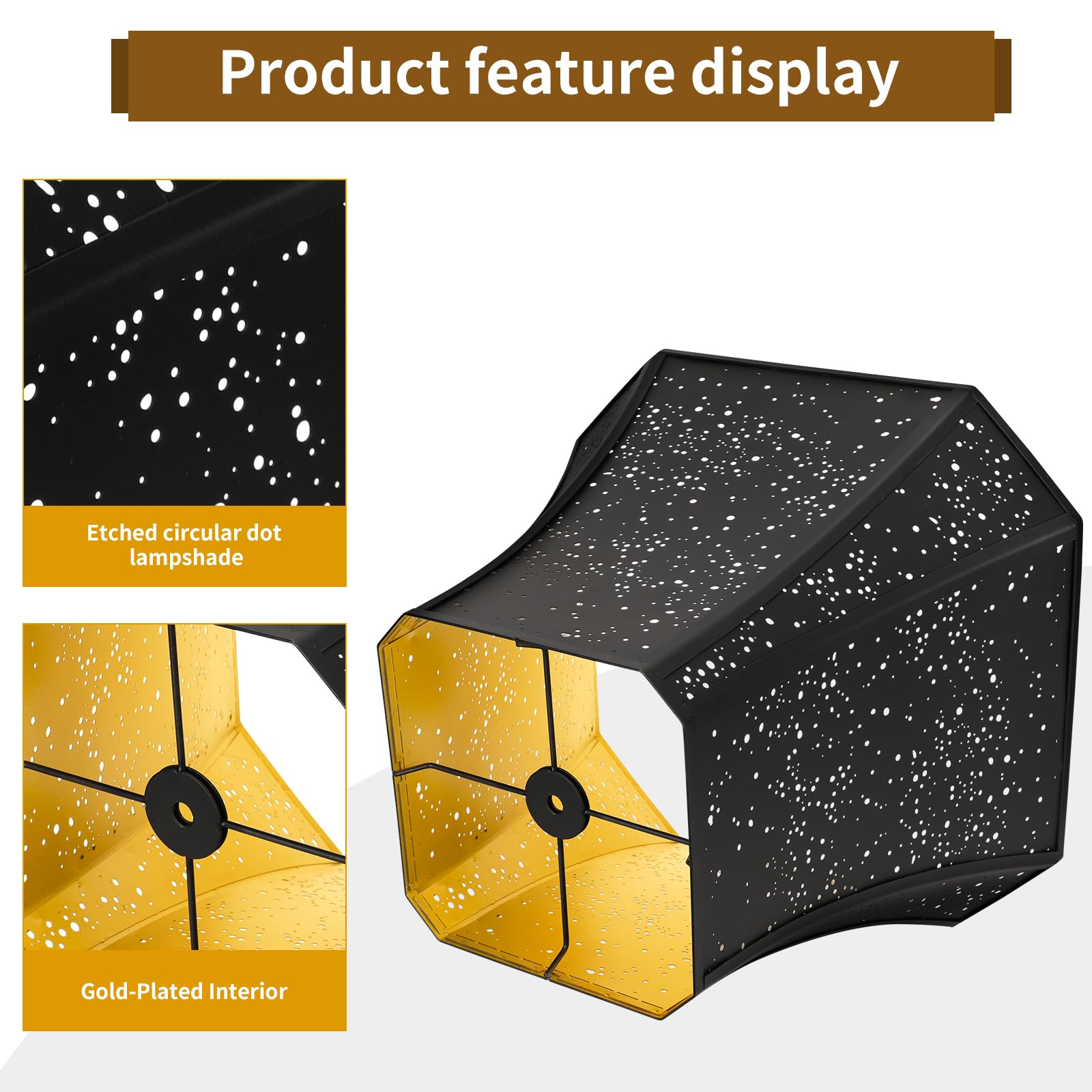 ALUCSET Pantalla de metal grande, esquina de corte cuadrado de 8 pulgadas superior x 14 pulgadas inferior x 11 pulgadas de alto | Bell Lamp - Pantalla de repuesto para lámparas de pie de mesa, diseño de estrella estrellada grabada en oro negro
