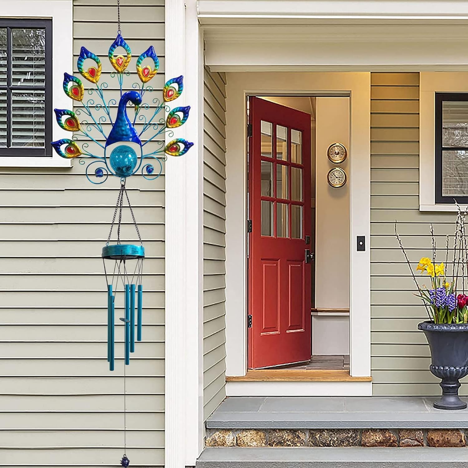 Peacock Solar Wind Chimes Outdoor, 50" Large Windchimes LED Lighting with Crackle Glass Ball, Blue Metal Peacock Hanging for Garden Patio Yard Home Decor Gift