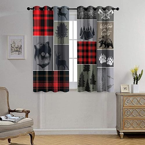 Miniatura 4 de Cortinas opacas con diseño abstracto de oso y ciervo, diseño abstracto de granja, a cuadros, a cuadros, aventuras, con ojales, ahorro de energía,