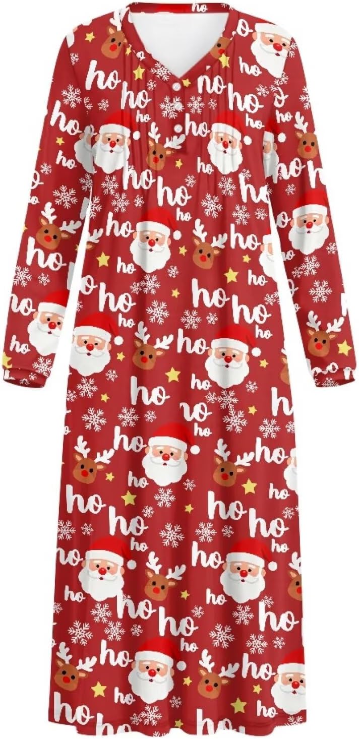 Women's Long Sleeve Nightgown Full Length Sleepwear Soft Long Sleepshirts V Neck Sleep Dress S-4XL