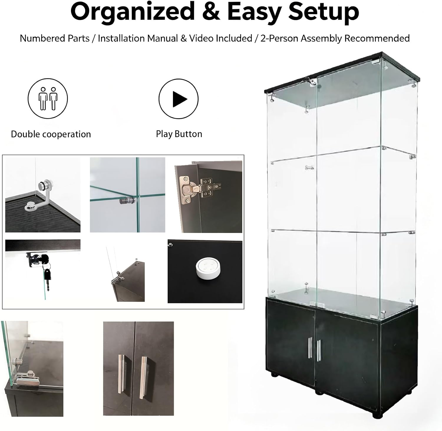 Glass Display Cabinet with Lights - 64.6" Curio Cabinets with Glass Doors - 4-Tier Display Cabinet with Glass Doors | Glass Display Case for Collectibles (Black)