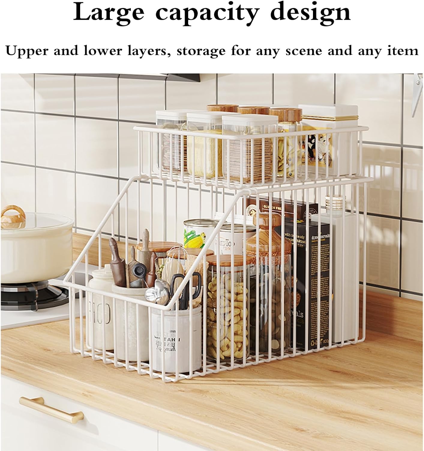 Pull Out Under Sink Orga Kitchen & Bathroom Storage Rack Sturdy & ShakeFree Under Sink Solution for Cabinets Laundry Rooms and Closets，Double ，Double Layer-black-22 * 40 * 36cm