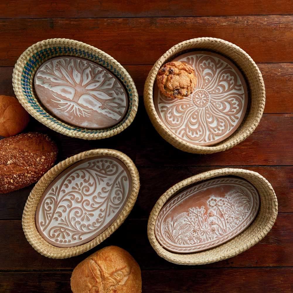 Bread Basket with Terracotta Warmer, Bread Basket for Serving, Sized 12.5" w x 8.5" d x 3.5" h, Nature Inspired Tree of Life Design