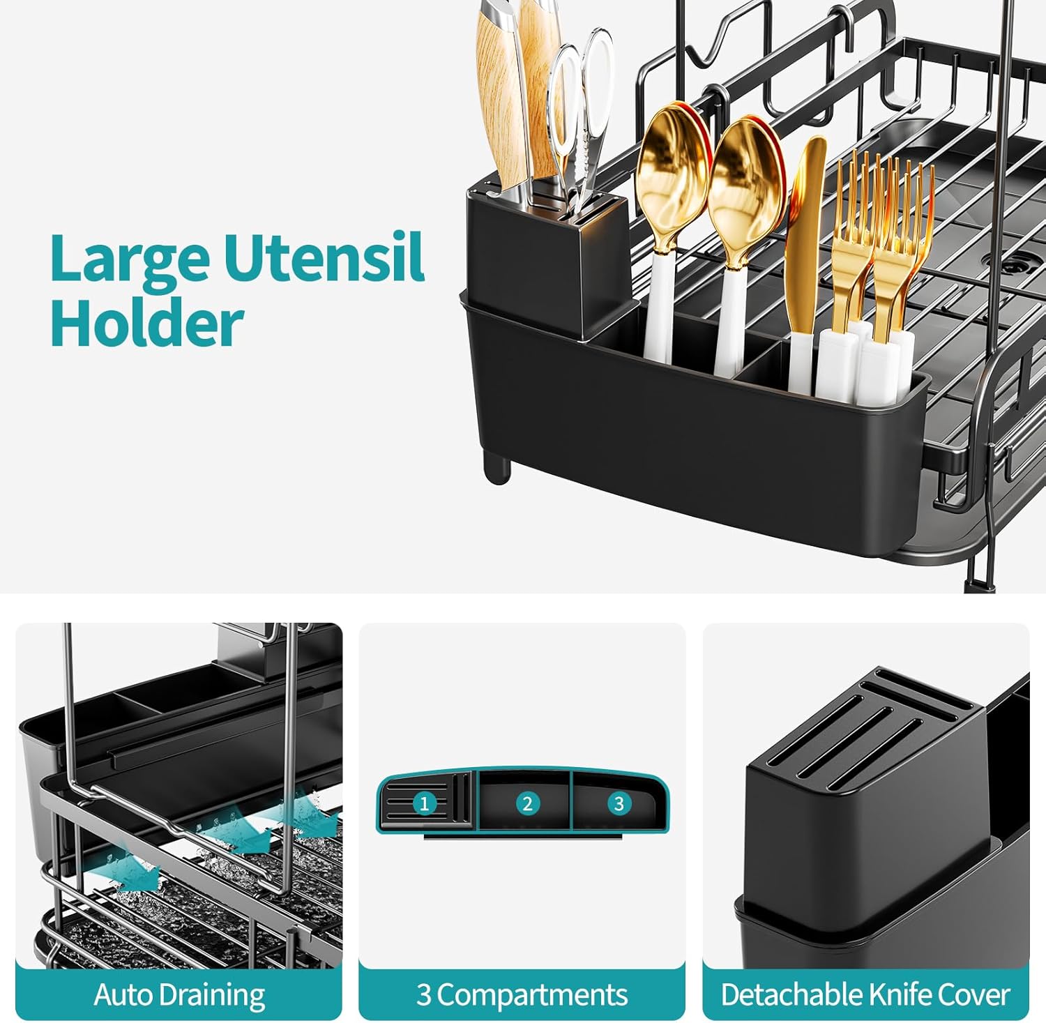 Urackify 2 Tier Dish Drying Rack, Expandable Dish Rack for Kitchen Counter, Adjustable Over The Sink Dish Drainer, Large Multifunctional Dish Strainer with Removable Top Shelf for in Sink Use, Black