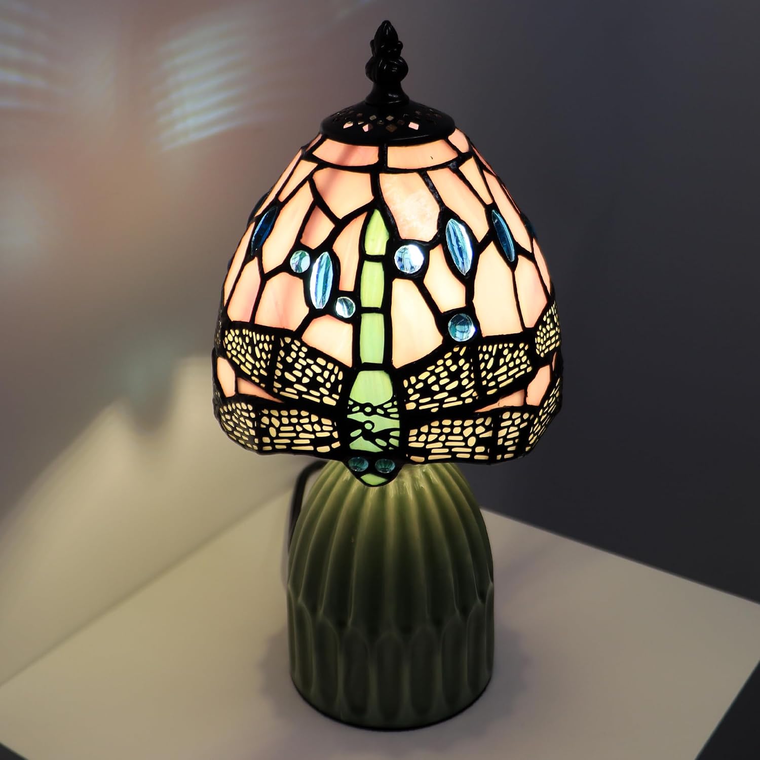 Stained Glass Mushroom Table Lamps 6X6X12.5 Inch Pink Dragonfly Style Small Night Light Ceramic Base Mini Accent Desk Light Suitable for Bedside Table Bedroom Children Room