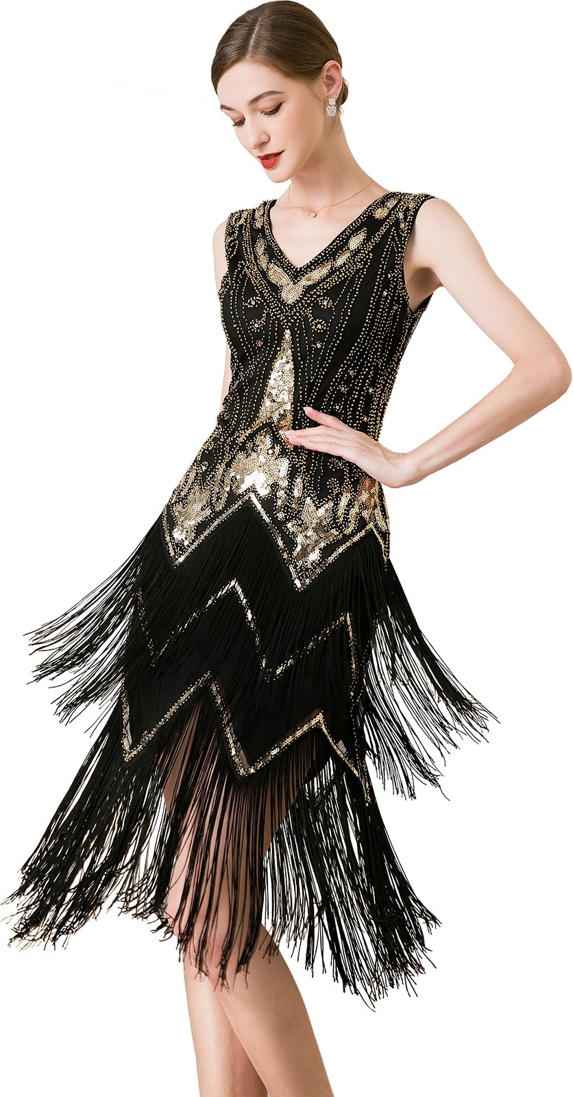 Women Flapper Dresses 1920s V Neck Beaded Fringed Great Gatsby Club &amp; Night Out Dresses