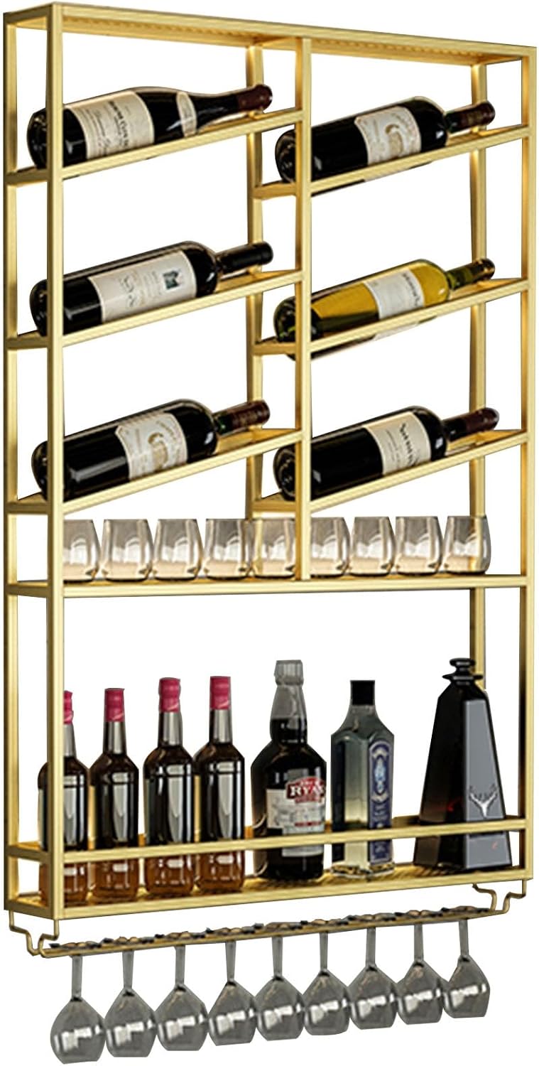 Wine Rack Wall Mounted Floating Bar Shelves Liquor Bottle Display Shelf Wall Mounted with Hanging Wine Glass Rack Holder for Liquor Bottles with LED Light for Home Bar Dining Room Living Room Kitchen(
