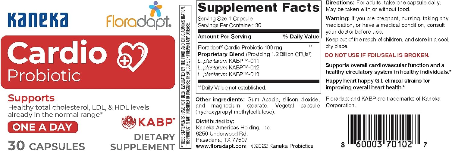 Floradapt Premium Heart & Cholesterol Support Supplement – Clinically Tested Cardio Probiotic to Support Healthy Cholesterol in Normal Range, Circulation Support & Heart Health – 30 Capsules