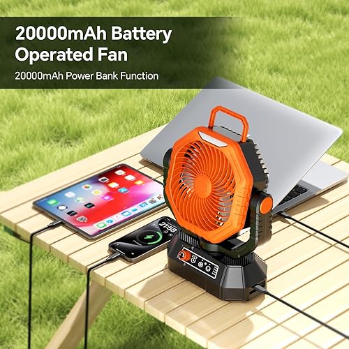 Miniatura 3 de AJVV Ventilador de campamento, ventiladores portátiles recargables de 20000 mAh con luz LED y gancho, 13 velocidades ajustables de 270 y doble hoja