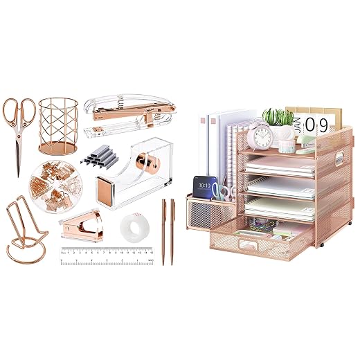 EOOUT Rose Gold Office Supplies Set Desk Combo Set, Acrylic Stapler Set and Mesh Desk Organizer with File Shelves, 5-Layer Paper Tray Organizer for School Home Office Supplies (Rose Gold)