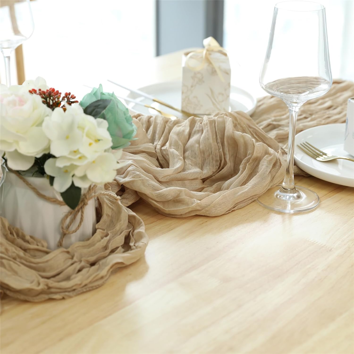 5 Pack Cheesecloth Table Runner 120 Inch Boho Gauze Cheese Shabby Chic Rustic Table Runner for Wedding, Baby Shower, Birthday, Banquets - Champagne
