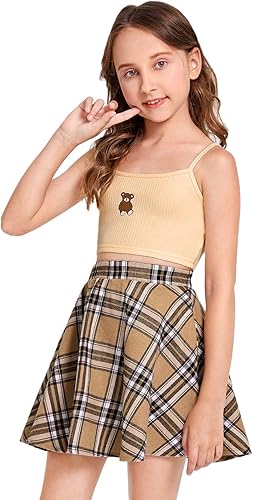 Miniatura 5 de WDIRARA Conjunto de 2 piezas para niña con estampado de dibujos animados y falda a cuadros