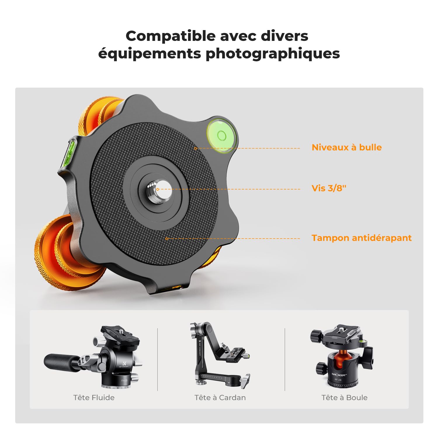 K&F Concept Trépied Niveleur à Trois Roues, Réglage Base de Nivellement LP‑48, Niveau à Bulle de Niveleur Aluminium pour Appareil Photo Canon, Nikon et Sony DSLR, Rotule