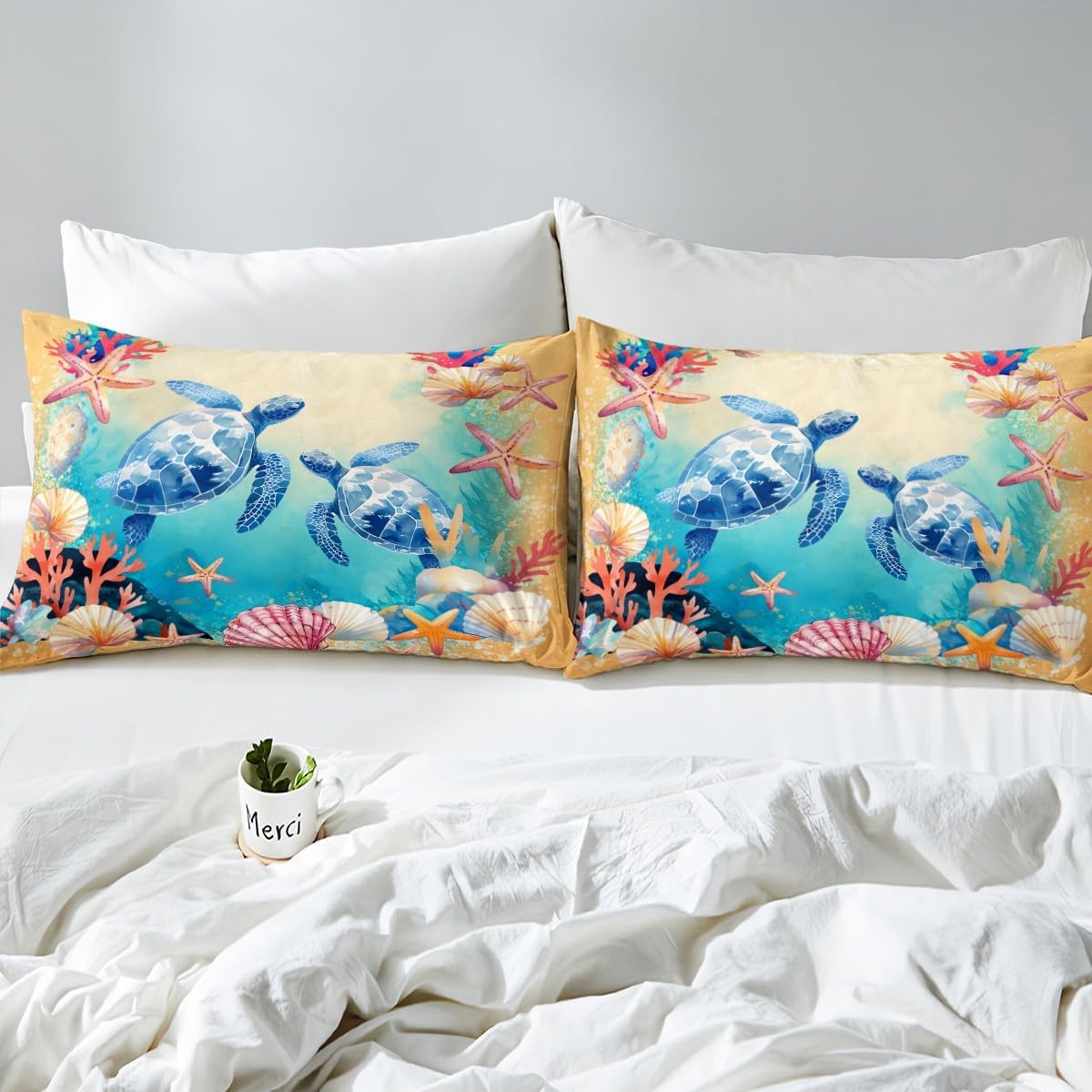 Sea Turtle Duvet Cover Set Toddler Size,Watercolor Blue Tortoise Sealife Reversible Quilt Cover for Kids Boys Girls Summer Starfish Shell Coral Bedding Set with 1 Pillowcase,No Comforter