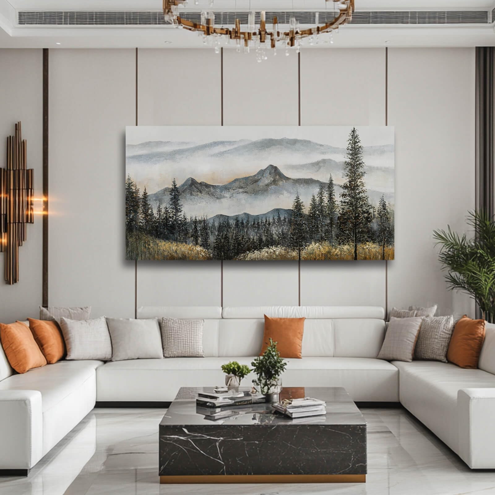 Aefouu No Frame Foggy Forest Canvas Wall Art Decor, Large Artwork Green Mountain Pictures Boho Pine Tree Wall Painting Mountains Landscape(30X60cm/12X24in/Frameless)