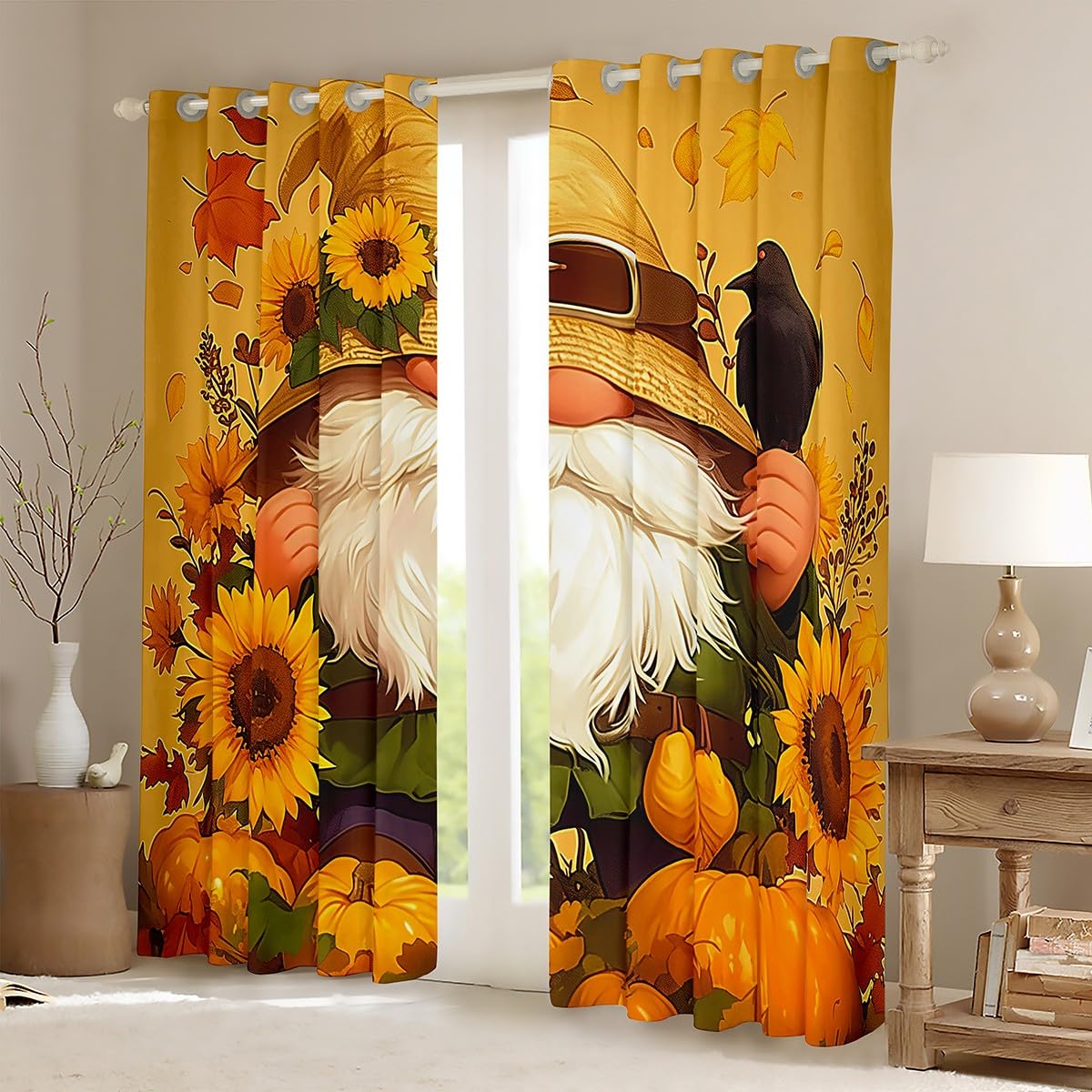 Castle Fairy Happy Fall Window Curtains,Cartoon Pumpkin Curtain,Sunflowers Window Drapes for Kids Teens Boys Young Man,Modern Bedroom Decorative,Yellow Leaves Curtain,52Wx84L