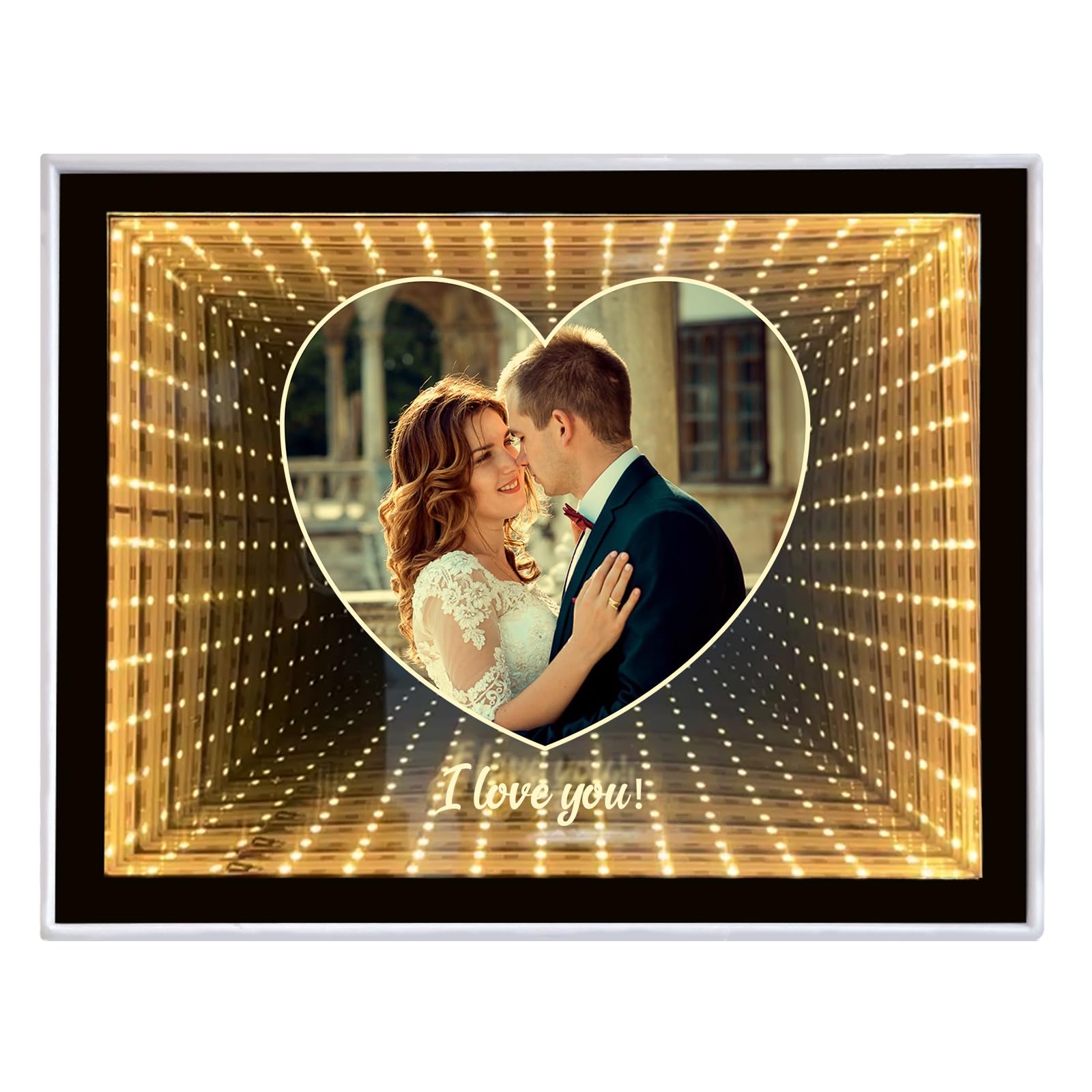 LINMQIU Personalised Photo Infinity Mirror, Desktop LED Night Light Makeup Mirror 2 in 1, Customized Photo Frame Gifts for Couples, Family, Friends, Home Decoration Bedroom Office Living Room