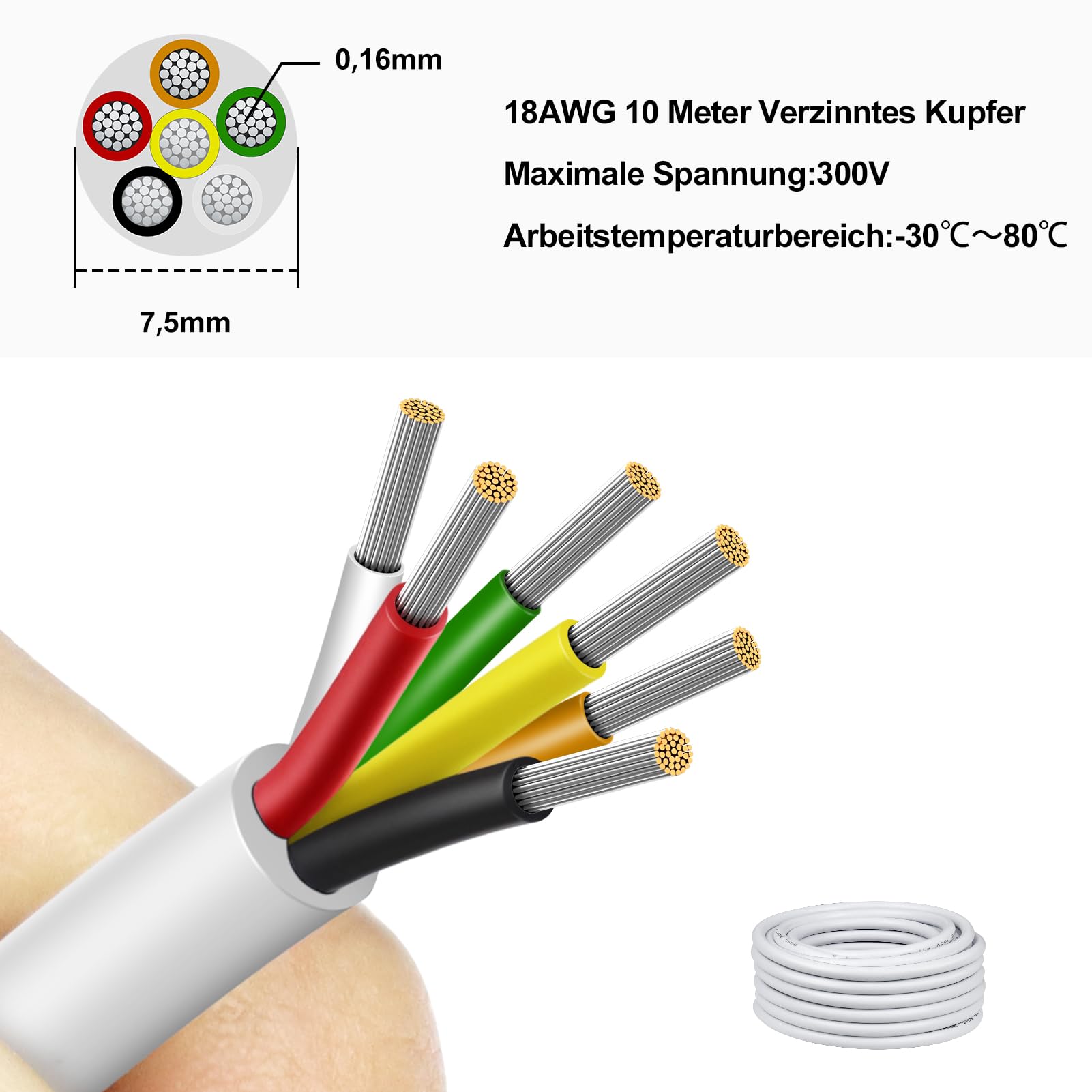 Cavo elettrico da 10 metri, 18 AWG, 6 x 0,75 mm², 6 cavi da 5 V/12 V/24 V/300 V, cavo in rame stagnato, flessibile e morbido, a bassa impedenza, resistenza alle alte temperature