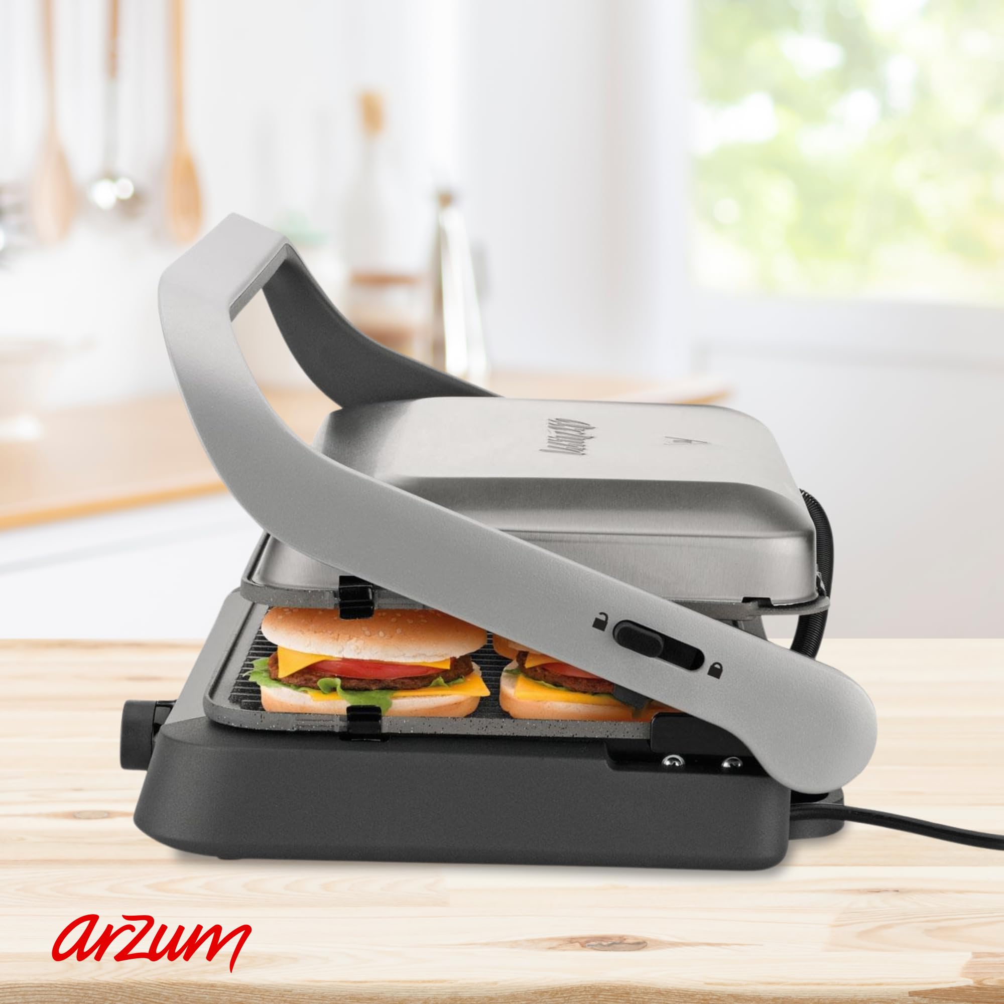 Arzum AR2001 Tostcu Delux Kontaktgrill Panini Maker Sandwichmaker, 1800W Leistung, 180 Grad Aufklappbarer Tischgrill, Abnehmbare Granitplatten für 6 Scheiben