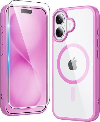 FNTCASE for iPhone 16 Plus Case Clear Magnetic Phone Cases with Screen Protector Compatible with Magsafe Slim Anti Yellowing Rugged Shockproof Protective Transparent Cell Phone Cover B-Pink