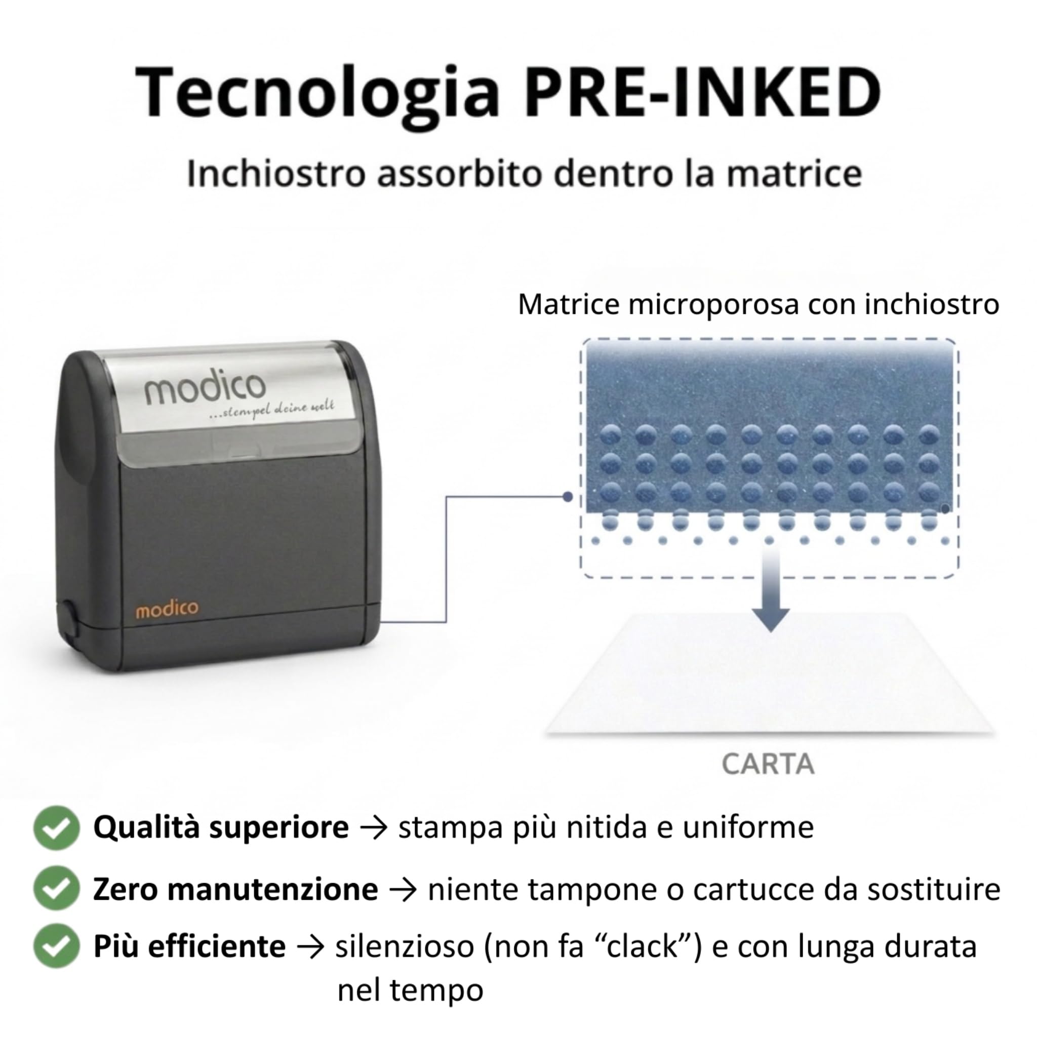 Modico Timbro Personalizzato 5 Righe max. Preinchiostrante - Impronta 20x57 mm, Inchiostro Vari Colori, (Montatura Blu)