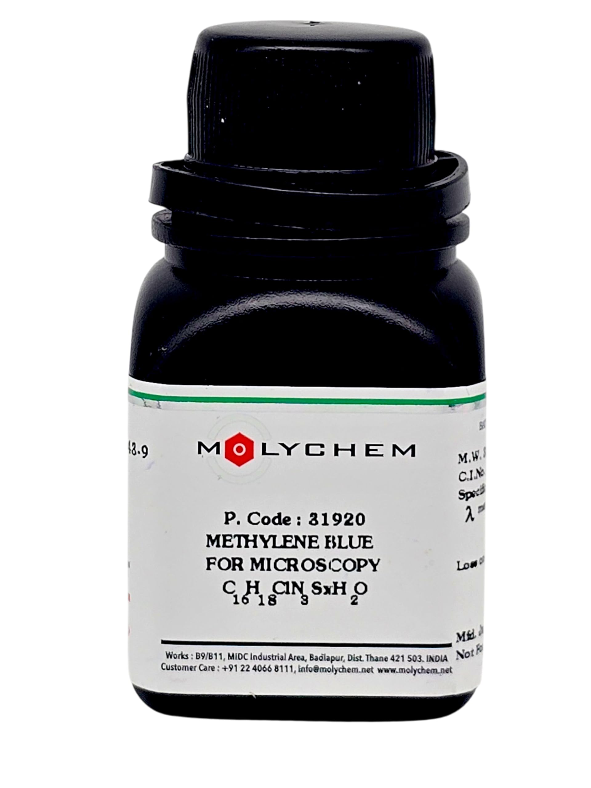MOLYCHEM Methylene Blue For Microscopy 25Gm, CAS NO 61-73-4, Molecular Formula : C16H18CIN3S.3XH2O,for laboratory and industrial use-image-5