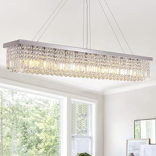 Miniatura 24 de Candelabros modernos de cristal para comedor, cocina, isla, lámpara rectangular de 8 luces para sala de estar, 39.4 pulgadas de largo, acabado Cromo