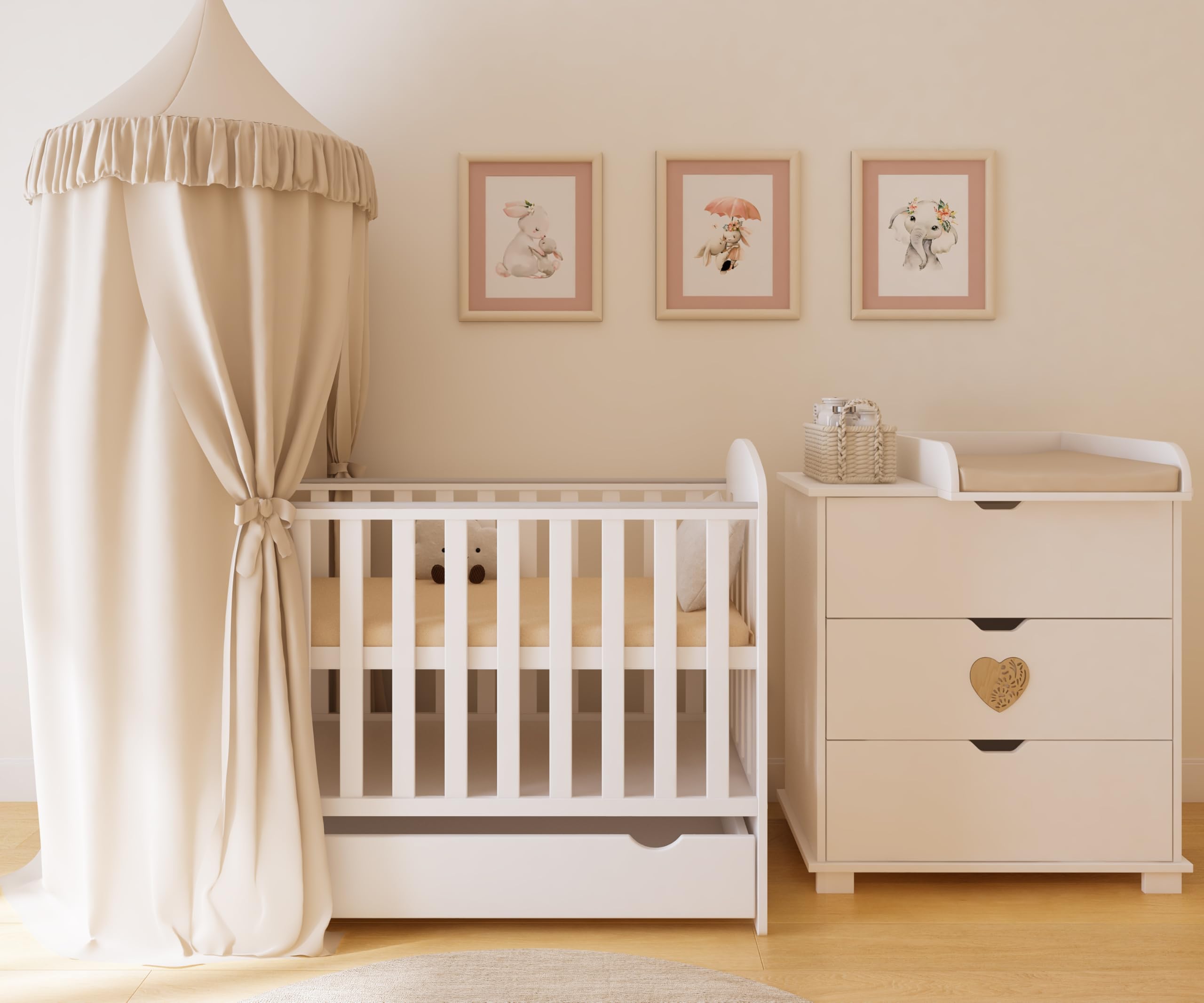 zee Heart Cuna Bebé 2 en 1 120x60 cm Blanca con Corazón Natural, Convertible en Cama Infantil, con Cajón, Lateral de Conversión, Somier Regulable en 3 Alturas, Diseño Moderno