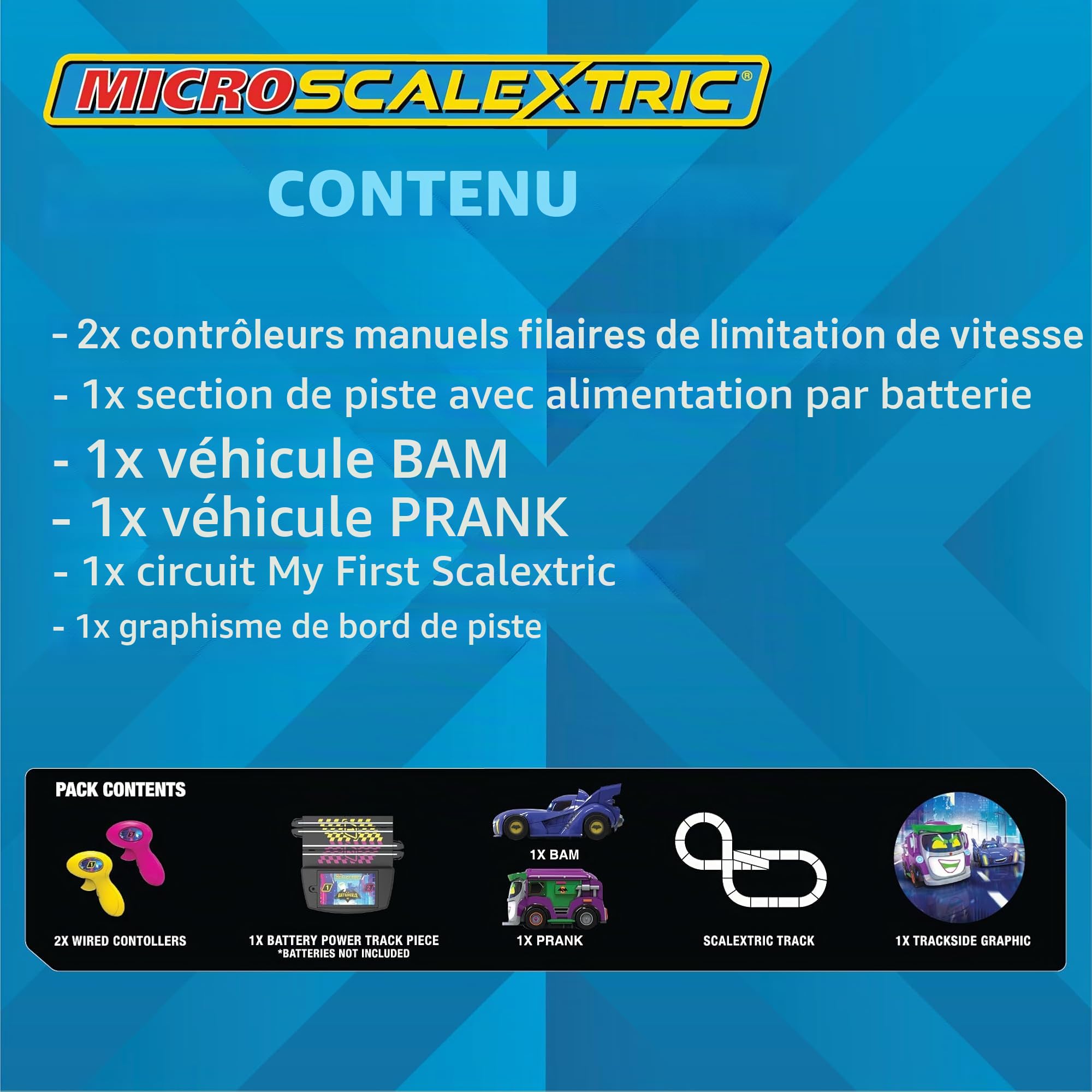 Scalextric Ensemble de piste de course micro-voiture Ensemble de construction Batwheels et Farces contre Bam Course alimentée par piles