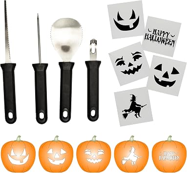 KOLORAE Premium 9PC Pumpkin Carving Kit 4 Heavy Duty Stainless Steel Carving Tools with 5 Stencils Easy Grip Handles for Sculpting