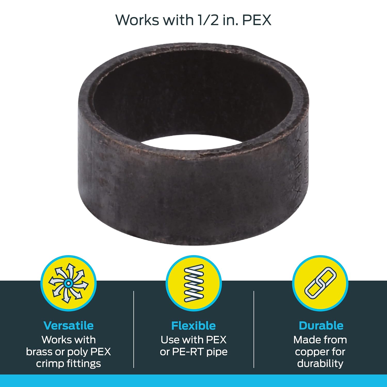 SharkBite 1/2 Inch Copper Crimp Rings, Pack of 100, PEX Pipe, PE-RT, 23102CP100