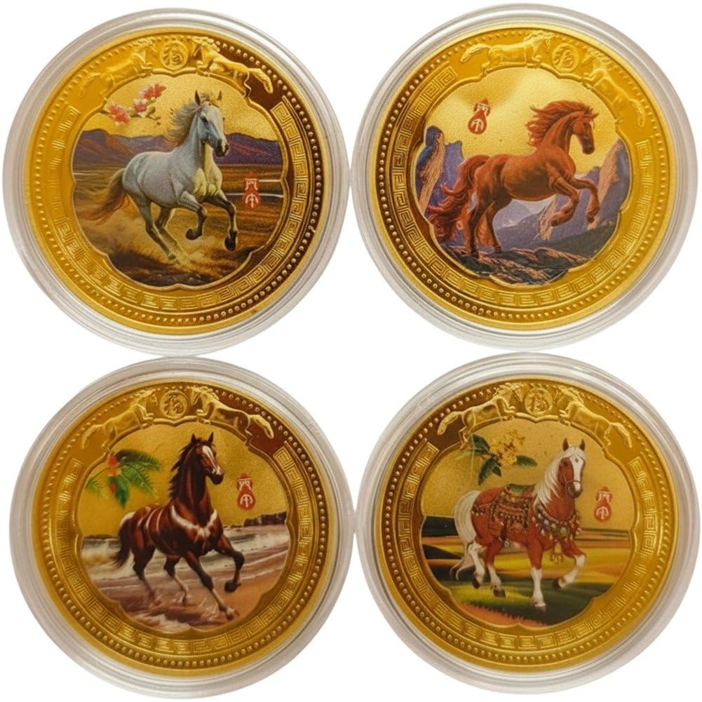 Fituenly 4Pcs Metal Chinese Coins Lucky Animal Horse Commemorative Collection Coins Horse Medallion Coin New Year Souvenir Gift