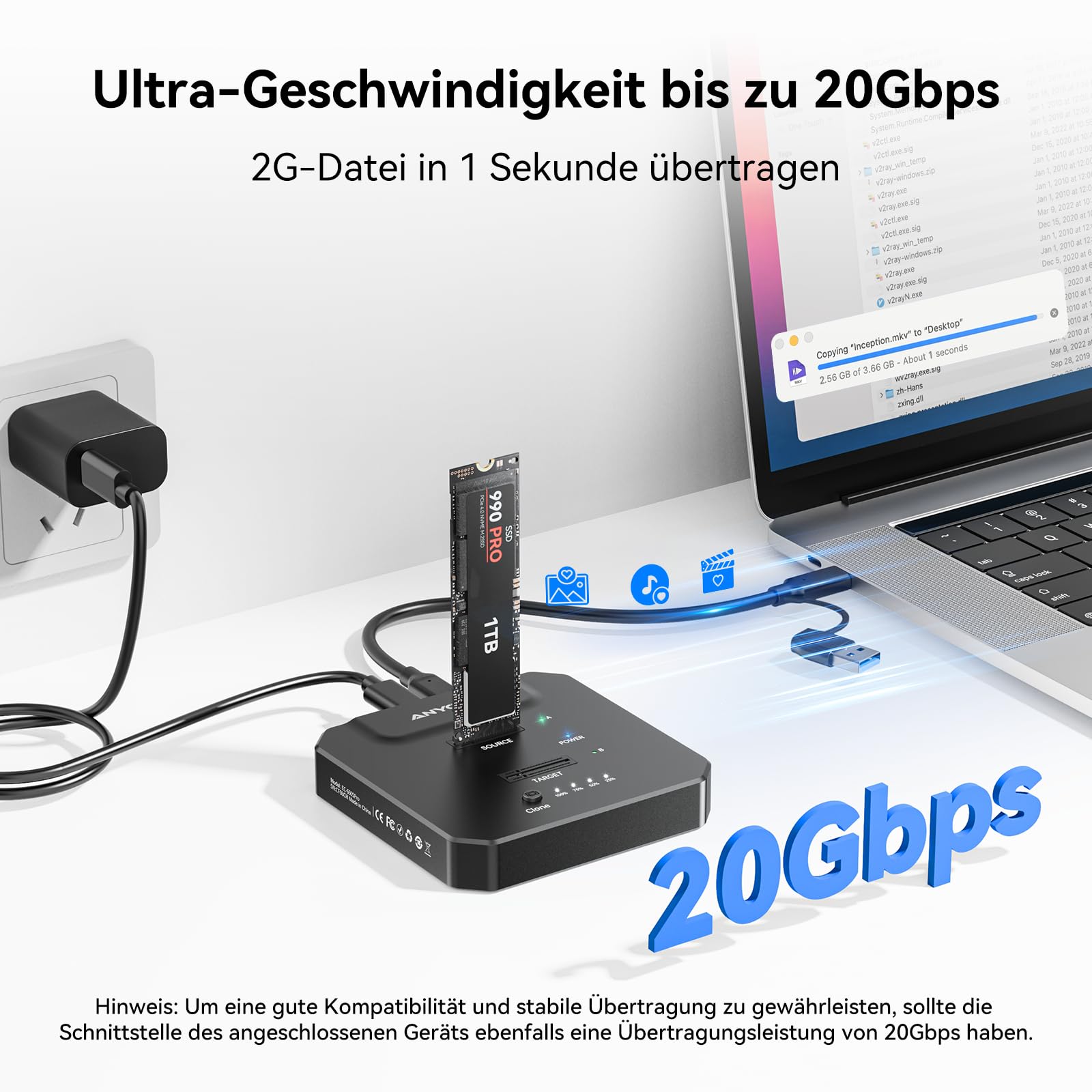 NVMe M.2 Clone SSD Gehäuse 20Gbps USB 3.2 Gen2X2, Dual Bay M.2 NVMe Docking Station mit Offline Klonen für schnellen PC-Upgrade, Systemmigration & Datenbackup, kompatibel mit 2230/2242/2260/2280